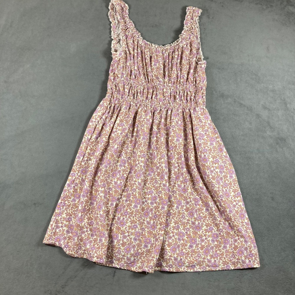 American Eagle Floral Smocked dress Purple Orange Linen Blend Pockets Womens M